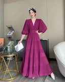 Seaside New Super Layer V-Neck Waist Temperament Famous 100 Fold Dress Short-Sleeved A-Word Dress