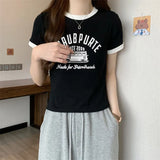 Zingj Summer New Sweet Hottie Girl Bump Color Round Collar Short Style On The Clothes Design Sense Shows Thin Students Short-Sleeved T-Shirt