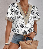 Women's Dress V-Neck Lace Loose Top Commuter Short-Sleeved Shirt Women Splicing