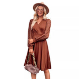 Autumn And Winter Casual Women's Fashion Solid Color Waist Splicing V Collar Dress