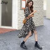 Sleeve Dress Women Retro French Empire Floral Temperament Charm V-Neck Irregular Design Sundress Classy Ladies