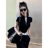 Striped Zipper Short-Sleeved T-Shirt For Girls Summer Design With Slimy Hottie Short-Term Umbilly