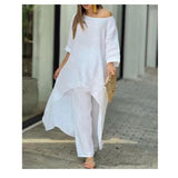 New Women's Cotton And Cotton Fashion Casual Large Code Irregular Long-Sleeved Set Of Wide Leg Pants Two