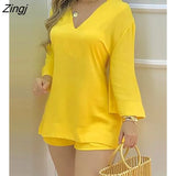 Women Plain Bell Sleeve V-Neck Long Casual Loose Top & Shorts Set Casual Summer Solid Streetewar Suit