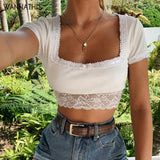 Short Sleeve Slash Neck Crop Tops Women Patchwork Hem Laceup Slim Elastic Sexy Summer Vacation Cropped Top Solid