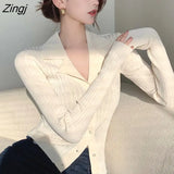 Women Slim Fashion Korean Style Spring Knitted Outerwear Chic Sexy Long Sleeve Sweater New Simple Casual Daily