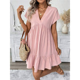Women's Dress 2025 Summer Holiday Windy Windy Leaves Edge V Collar Solid Loose Short