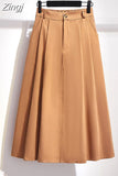 Women Cotton Skirt 2023 Spring Summer Preppy Style Solid Casual Elegant Pocket Elastic High Waist A-Line Midi Skirts
