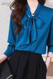 Spring New White Shirt Women Bow Ribbon Elegant Shirts Fashion Womens Tops Satin Female Clothing OL Silk Shirts and