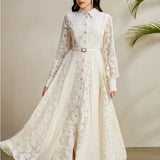 Light Luxury Elegant Dress Woman 2025 New High-End Hook Embroidery Splicing Mesh Yarn Large Swing