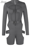 Women Bodycon Buckle Cut Out Biker Rompers Sexy Long Sleeves Hollow Out Clubwear Bodysuit One Piece Short Jumpsuit
