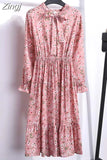 Women Dress Spring Autumn Long Sleeve Floral Print Bow Collar Chiffon Dress Elegant A-line Midi Winter Dress Vestidos Robe