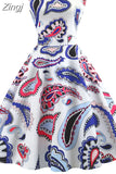 Women Summer Sleeveless Floral Print Midi Dress O Neck Retro Vintage Vestidos Robe Rockabilly