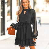 Chiffon Belted Clip Dot Ruffled Mini Dress For Women Sexy Long Sleeve A-line Party Dress 2023 Spring Autumn Female