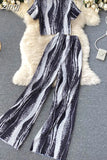 Striped 2pcs Set Women Summer Stand Collar Short Sleeve Tops + High Waist Pants Pleated Draped Suit Female