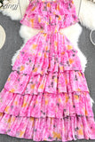 Women Vacation Beach Long Dress Sexy Slash Neck Off Shoulder Short Sleeve High Waist Floral Ruffle Maxi Vestidos