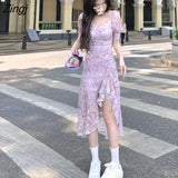 Women Irregular Summer Chic Print Tunic Ins Party Side-slit Holiday Vintage A-line Puff Sleeve Y2k Korean Style