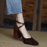 And Autumn New High-Heeled Women's Velvet Face Retro Head Thick Heel Cross-Buckle With Korean Version Of Shallow Mouth Mary Jane Single Shoes