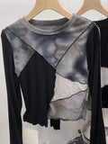 Zingj 2024 New, Tie-Dye Stitching Long-Sleeved T-Shirt Round Collar Slim Color Bright Line Design Short Top