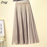 2021 Fashion Autumn Winter Knitted Midi Long Pleated Skirt Women Korean Style Blue Mid-Length High Waist Skirt
