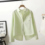 Fruit Green Back Open Fork Short Cotton Shirt Women 2025 New Korean Version Of Single Pocket Shirt