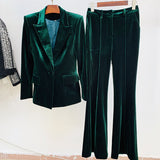 And Winter 2025 New Women's Professional Fashion A Buckle Gold Velvet Suit Jacket + Horn Pants Set Two