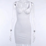 White Short Dresses Women Skinny V-Neck Sleeveless Sexy Ruched Elastic Bodycon Fashion Summer MIni Dresses Solid