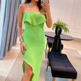 Zingj Summer New Fashion Solid Color Flounce Wipe Chest Side Slit Slim Dress-Outfit