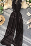 Women Hollow Out Lace Romper Female Black/Yellow/Red Round Neck Sleeveless High Waist Patchwork Wide Leg Jumpsuits