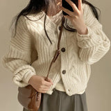 Solid V Neck Puff Sleeve Cable Knit CardiganOutfit
