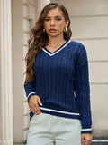 Women's Temperament V-Neck Long-Sleeved Sweater Fashion Jersey Thread White-Bordered Cuffs Knitted