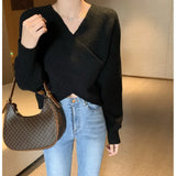 Korea Dongdaemun Autumn And Winter New Temperament Simple V-Neck Cross-Design Sense Loose Knitted