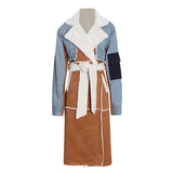 Zingj New Long Denim Splicing Lamb Wool Coat Female Lapel Waist Show Thin Temperament Fashion