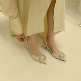 Side Buckle Water Drill Sandals Women Sandals Green Wild Fairy Fine Heel Low Heel French High-End Heel With Working