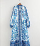 Women's Clothing Explosion Printing Loose Single Buckle V Collar Lantern Sleeve Holiday