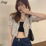 Women Summer Cropped Zebra Short Sleeve Notched Tunic Design Thin Sunscreen Streetwear Fashion Mujer Quality Sexy