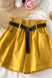 Summer Elegant High Waist Shorts Women Casual Solid Wide Leg Loose Cotton Short Pants With Belt Korean Sweet