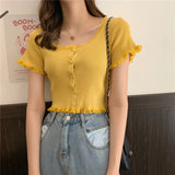 Women Patched Lace O-Neck Knitted Short Sleeve Thin Sweaters Cardigans Lady Single-breasted Buttons Sweater Crop Tops