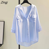 Women Solid Hooded Summer Pockets 3 Colors Simple Clothing Tops Stylish Holiday Daily Popular Basic Female Korean