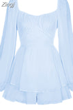 Women Boho Romper Long Sleeve Double Layer Ruffle Hem Chiffon Short Fairy Princess Mini Dress Jumpsuit