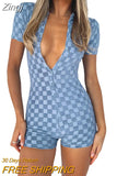 Women Playsuit Fairycore Plaid Short Sleeve Turn Down Collar Button Down Shorts Jumpsuit Y2K Clothes
