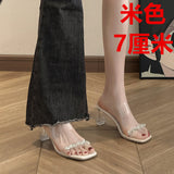 Water Drill Transparent Crystal And Beautiful Sandals Women's Summer Coarse Slippers High Heels Wearing A Cool Drag
