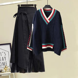 Women Winter Patchwork Long Sleeve Knitted Tops + Asymmetric Skirt 2 Piece Suit Female Party Elegant Two Piece Set 211-0-Outfit