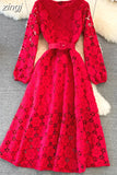 Yellow/Red/White Hollow Out Lace Long Dress Vintage O-Neck Puff Sleeve High Waist A-Line Big Swing Maxi Party Vestido