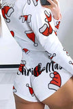 Women Christmas Print Bodycon Rompers Jumpsuits Sexy Buttons Deep V Neck Long Sleeve Shorts Pajama Bodysuit