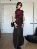Temperament A Rose Print Bumpy Color Sexy Dew Height Collar Sleeveless High Open Skirt Dress