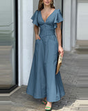 Zingj New V-Neck Dress Solid Color Lotus Leaf Sleeve Dress Temperament Commuter Waist Dress-Outfit