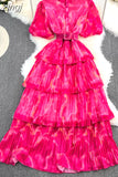 Women Vintage Tie Dye Printed Ruffle Pleated Long Dress Purple/Red/Blue/Green Stand Collar Single Breasted Maxi Robe
