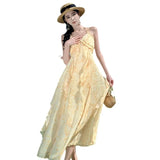 Zingj Summer Vacation Gentle Yellow Tune Dyed Flowers With Neck Flounce Print Skirt Beach