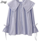 Peter Pan Collar Womens Blouse 2023 Spring Autumn Retro Long Sleeve White Shirt Cute Kawaii Button Casual Loose Tops